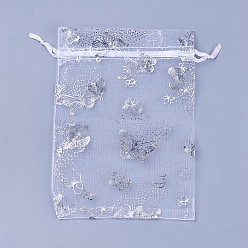 White Organza Bags, Rectangle with Butterfly, White, 17.5x12.5cm