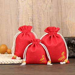 Red Linenette Drawstring Bags, Rectangle with Lotus Flower Pattern and Beads, Red, 14x10cm