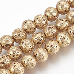 Light Gold Plated Electroplated Natural Lava Rock Beads Strands, Round, Bumpy, Light Gold Plated, 10~11mm, Hole: 1mm, about 38pcs/strand, 15.7 inch