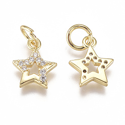 Real 18K Gold Plated Brass Micro Pave Cubic Zirconia Charms, with Jump Ring, Long-Lasting Plated, Star, Clear, Real 18K Gold Plated, 11x8x2mm, Hole: 3mm