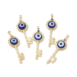 Medium Blue Handmade Evil Eye Lampwork Pendants, with Rack Plating Real 18K Gold Plated Brass Findings, Long-Lasting Plated, Flower Key with Heart, Medium Blue, 33x12x3.5mm, Hole: 4x7mm