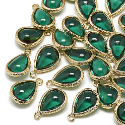 Green Glass Pendants, with Golden Tone Brass Findings, teardrop, Green, 18.5x12.5x7mm, Hole: 1.5mm