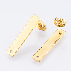 Golden 201 Stainless Steel Stud Earring Findings, with 304 Stainless Steel Pins, Rectangle, Golden, 25x5mm, Hole: 1.5mm, Pin: 0.8mm
