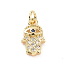 Golden Brass Micro Pave Cubic Zirconia Charms, with Jump Ring, Hamsa Hand with Evil Eye Charm, Golden, 12.5x7.5x2mm, Hole: 2.8mm