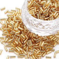 Goldenrod Plated Glass Bugle Beads, Metallic Colours, Goldenrod, 4x2mm, Hole: 1mm, about 14000pcs/Pound
