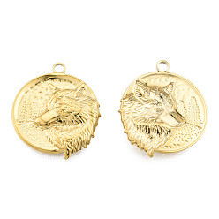 Real 18K Gold Plated Ion Plating(IP) 201 Stainless Steel Pendants, Flat Round with Wolf, Real 18K Gold Plated, 30x25.5x3mm, Hole: 2.5mm