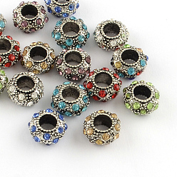 Mixed Color Rondelle Antique Silver Plated Metal Alloy Rhinestone European Beads, Large Hole Beads, Mixed Color, 11~12x6mm, Hole: 5mm