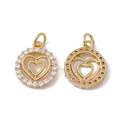 Real 18K Gold Plated Brass Micro Pave Clear Cubic Zirconia Pendants, with Jump Ring, Cadmium Free & Nickel Free & Lead Free, Rack Plating, Flat Round with Heart PatternE, Real 18K Gold Plated, 16x13.5x2.5mm, Hole: 3mm
