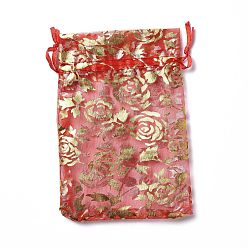 Red Organza Drawstring Jewelry Pouches, Wedding Party Gift Bags, Rectangle with Gold Stamping Rose Pattern, Red, 15x10x0.11cm