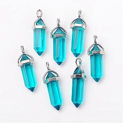 Deep Sky Blue Bullet Glass Pointed Pendants, with Alloy Findings, Platinum, Deep Sky Blue, 40x12mm, Hole: 3x4mm