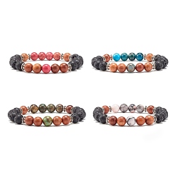 Mixed Stone Natural Mixed Stone & Wood & Lava Rock Round Beads Stretch Bracelet, Oil Diffuser Bracelet for Women, Inner Diameter: 2-1/4 inch(5.8cm)