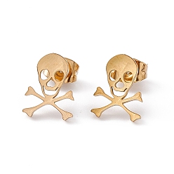 Золотой 304 крошечные серьги-гвоздики из нержавеющей стали с полым черепом для женщин, золотые, 11x8.5 мм, штифты : 0.6 мм