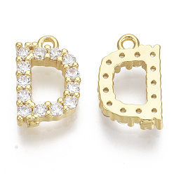 Letter D Brass Micro Pave Cubic Zirconia Charms, Nickel Free, Letter, Clear, Real 18K Gold Plated, Letter.D, 13.5x8.5x2.5mm, Hole: 1.2mm