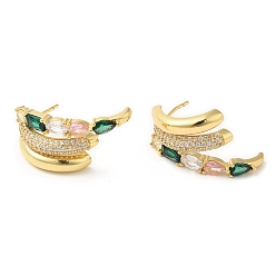 Real 18K Gold Plated Emerald Rhinestone Claw Stud Earrings, Brass Earrings for Women, Lead Free & Cadmium Free, Real 18K Gold Plated, 13x25mm