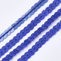 Blue Ornament Accessories Plastic Paillette Bead Strands, with Glitter Powder, Sequins Trim, Flat Round, Blue, 6x0.3mm, Hole: 1.2mm, about 100yards/roll