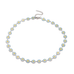 Deep Sky Blue Enamel Daisy Link Chain Necklace, Vacuum Plating 304 Stainless Steel Jewelry for Women, Stainless Steel Color, Deep Sky Blue, 16.3 inch(41.5cm)