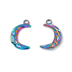 Rainbow Color Ion Plating(IP) 304 Stainless Steel Pendants, Moon Charms, Rainbow Color, 24x14x2mm, Hole: 2.5mm