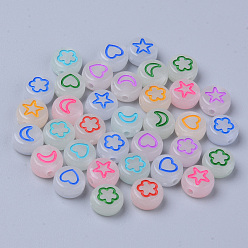 Mixed Color Luminous Acrylic Beads, Glow in the Dark, Flat Round with Star & Flower & Heart & Moon, Mixed Color, 7x3.5mm, Hole: 1.5mm, about 3600pcs/500g