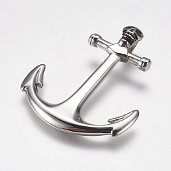 Stainless Steel Color 304 Stainless Steel Big Pendants, Anchor with Skull, Stainless Steel Color, 57x46x11mm, Hole: 8mm