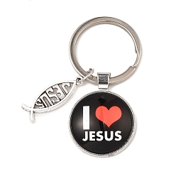 Black I Love Jesus Symbol Glass Pendant Keychain with Alloy Jesus Fish Charm, with Iron Findings, Half Round, Black, 6.2cm