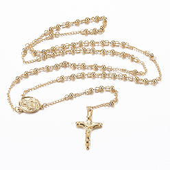 Golden Rosary Bead Necklace with Crucifix Cross, 304 Stainless Steel Necklace for Easter, Golden, 25.59 inch(65cm), 4mm