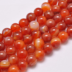 Orange Red Natural Striped Agate/Banded Agate Bead Strands, Dyed & Heated, Round, Grade A, Orange Red, 8mm, Hole: 1mm, about 48pcs/strand, 15.1 inch(385mm)