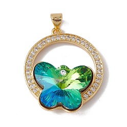 Yellow Green Brass Micro Pave Clear Cubic Zirconia Pendants, Real 18K Gold Plated, with Glass Cabochon, Cadmium Free & Nickel Free & Lead Free, Rack Plating, Flat Round with Butterfly, Yellow Green, 29.5x25.5x10mm, Hole: 3.5x5mm