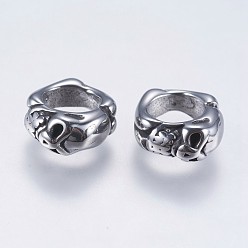 Antique Silver 304 Stainless Steel Beads, Large Hole Beads, Ring with Skull, Antique Silver, 10x11x5mm, Hole: 6mm