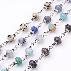Mixed Stone Handmade Gemstone Beaded Chains, Unwelded, for Necklaces Bracelets Making, with Platinum Iron Eye Pin, 1m, Beads: 8mm