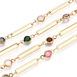 Colorful Real 16K Gold Plated Brass Oval Link Chains, with Flat Round Glass Beaded, Soldered, with Spool, Colorful, 16x3x0.05mm, 10x4.5x2mm