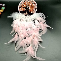 Pink Filet/toile tissé avec des décorations pendantes d'art de plume, avec éclat de quartz rose naturel, perle en plastique, rose, 650mm