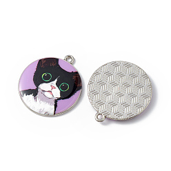 Lilac Printed Alloy Pendants, Platinum, Flat Round with Cat Charm, Lilac, 28x25x3mm, Hole: 1.8mm