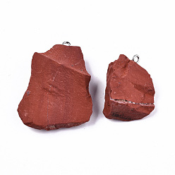 Red Jasper Natural Red Jasper Pendants, Rough Raw Stone, with 304 Stainless Steel Loops, Nuggets, Stainless Steel Color, 26~45x23~36x7~14mm, Hole: 2mm