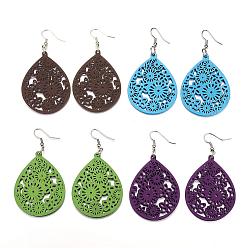 Mixed Color Trendy Teardrop Wood Dangle Earrings, with Platinum Tone Alloy Earring Hooks, Mixed Color, 69~72x38~40mm, pin: 0.8mm