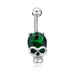 Green Real Platinum Plated Skull Brass Cubic Zirconia Navel Ring Navel Ring Belly Rings, with 304 Stainless Steel Bar, Green, 30x10mm, Bar Length: 3/8"(10mm), Bar: 14 Gauge(1.6mm)