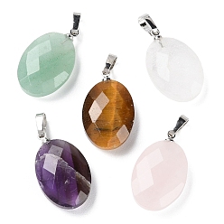 Mixed Stone Natural Mixed Gemstone Pendants, Faceted Oval Charms with Platinum Plated Brass Snap on Bails, 21.8x13.4~13.5x6.2mm, Hole: 5.3x3.7mm