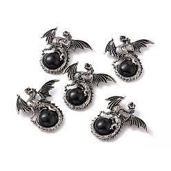 Obsidian Natural Obsidian Dome Pendants, Gragon Charms, with Rack Plating Antique Silver Tone Alloy Findings, Cadmium Free & Lead Free, 44x46x9mm, Hole: 5.5x4mm