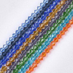 Color mezclado Cuentas de vidrio transparentes, facetados, bicono, color mezclado, 6x5.5~6 mm, agujero: 1 mm, sobre 50 unidades / cadena, 11.02 pulgada