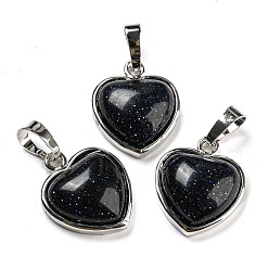 Blue Goldstone Synthetic Blue Goldstone Pendants, Heart Charms with Platinum Plated Brass Snap on Bails, 20.5x17.5x7mm, Hole: 4x8mm
