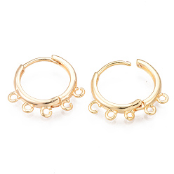 Real 18K Gold Plated Brass Huggie Hoop Earring Findings, Nickel Free, with 5 Loops, Ring, Real 18K Gold Plated, 18x20x3mm, Hole: 1mm, Pin: 0.8mm