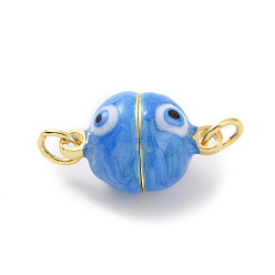 Dodger Blue Brass Magnetic Clasps, with Enamel, Round with Evil Eye, Real 18K Gold Plated, Dodger Blue, 16x10mm, Hole: 3mm