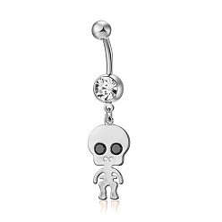 Platinum Piercing Jewelry, Brass Cubic Zirciona Navel Ring, Belly Rings, with 304 Stainless Steel Bar, Lead Free & Cadmium Free, Skull, Platinum, 47mm, Pendant: 25x11mm, Bar: 14 Gauge(1.6mm), Bar Length: 3/8"(10mm)