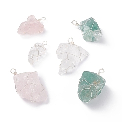 Mixed Stone 3Pcs 3 Styles Rough Raw Natural Rose Quartz & Quartz Crystal & Green Aventurine Big Pendants, with Eco-Friendly Silver Tone Copper Wire Wrapped, Nuggets , 38~56x16~37.5x13~26mm, Hole: 4~4.5mm, 1pc/style