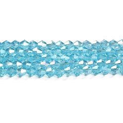 Light Sky Blue Transparent Electroplate Glass Beads Strands, AB Color Plated, Faceted, Bicone, Light Sky Blue, 4x4mm, Hole: 0.8mm, about 87~98pcs/strand, 12.76~14.61 inch(32.4~37.1cm)