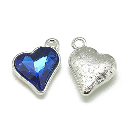 Bleu Royal Pendentifs en verre d'alliage, facette, cœur, platine, bleu royal, 17x15x5mm, Trou: 1.5mm
