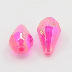 Rose Chaud Perles acryliques opaques en poly styrène écologique, de couleur plaquée ab , facette, larme, rose chaud, 12.5x8mm, Trou: 1.5mm, environ1666 pcs / 500 g