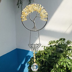 Citrine Glass Teardrop Pendant Decoration, Hanging Suncatchers, with Natural Citrine Chip Tree of Life, for Window Home Garden Decoration, Butterfly, 370mm