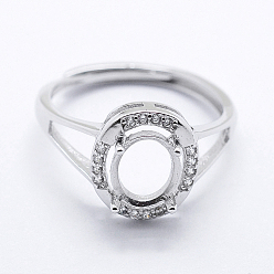 Platinum Rhodium Plated 925 Sterling Silver Finger Ring Components, with Cubic Zirconia, Adjustable, Oval, Platinum, Size 7 (17mm), 2mm wide, Tray: 6x8mm