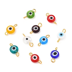 Mixed Color Handmade Lampwork Links Connectors, with Golden Plated Brass Eye Pin, Flat Round with Evil Eye, Mixed Color, 15x8x3.5mm, Hole: 1.6~2.2mm