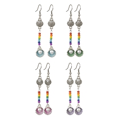 Mixed Color 4 Pair 4 Color Alloy Shell with Imitation Pearl Dangle Earrings, Glass Seed Beaded Long Drop Earrings, Mixed Color, 70x11.5mm, 1 Pair/color